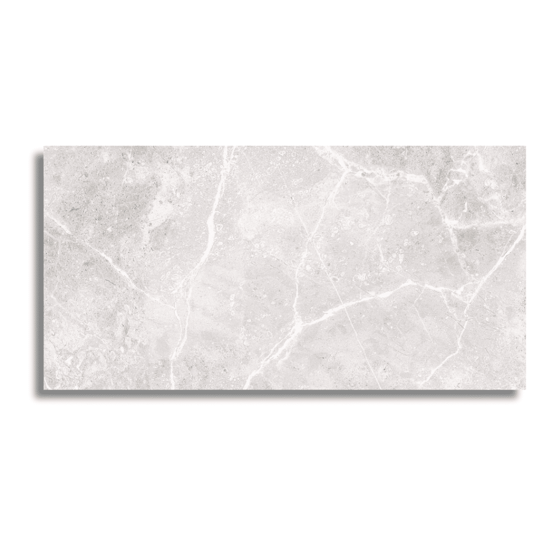 Glossy marble look ceramic tile in light grey shade