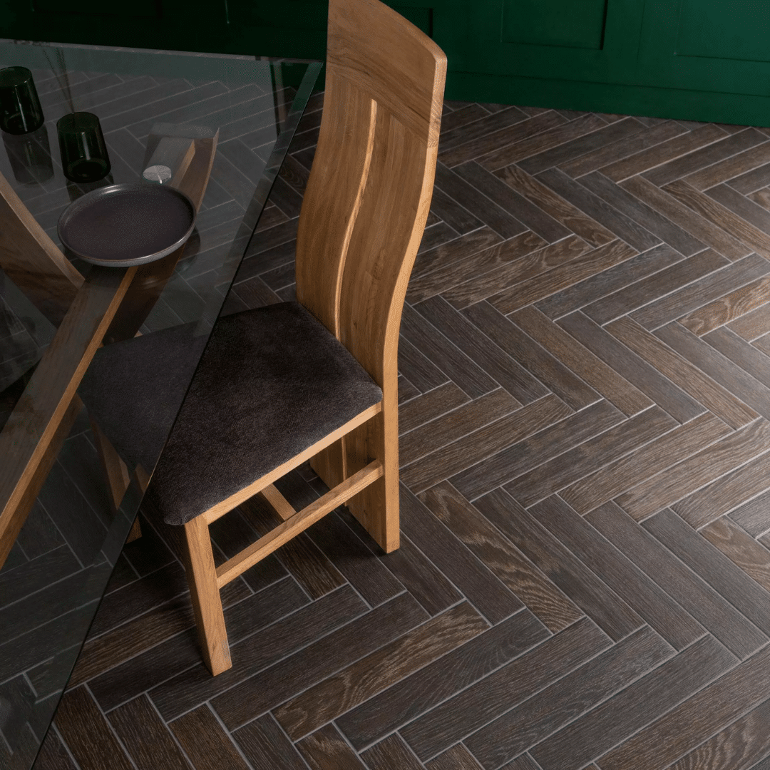 Brown porcelain tiles showing natural timber inspired grain