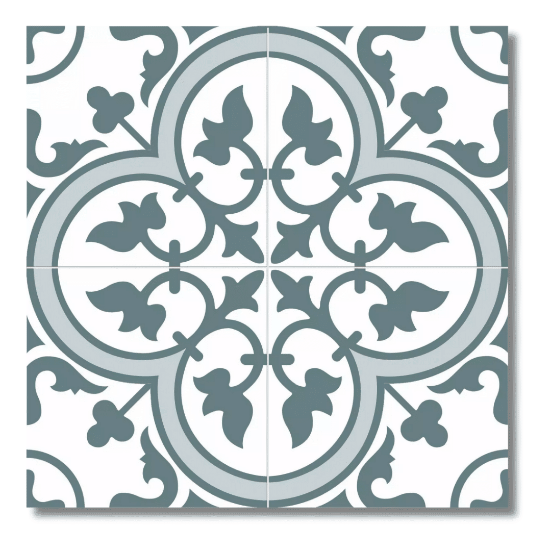 Patterned ceramic wall and floor tiles in blue tone