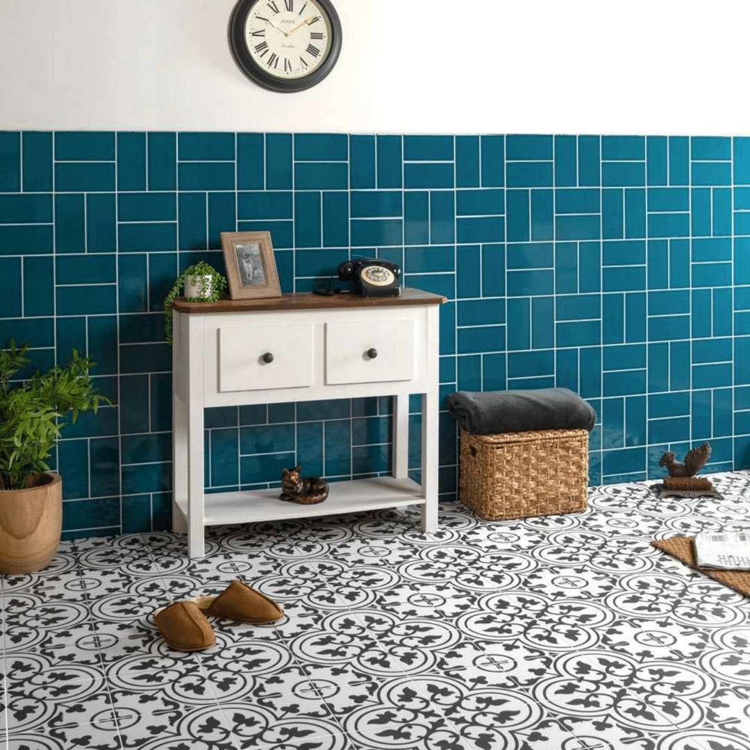 Durable patterned ceramic tiles in classic black tones