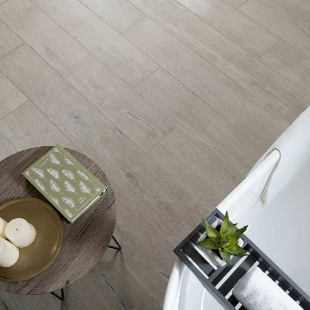 Wood style porcelain tiles showing soft grey texture