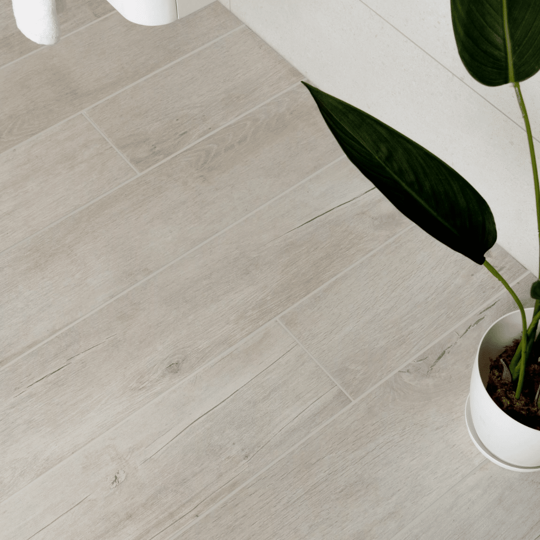 Wood effect porcelain tiles showing natural white shading