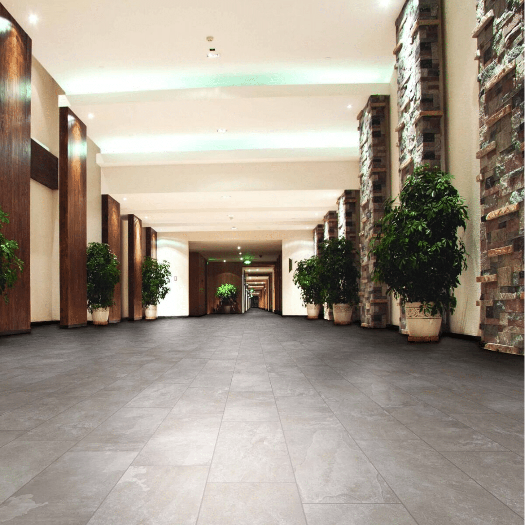 Grey stone look porcelain matt tiles for interior spaces