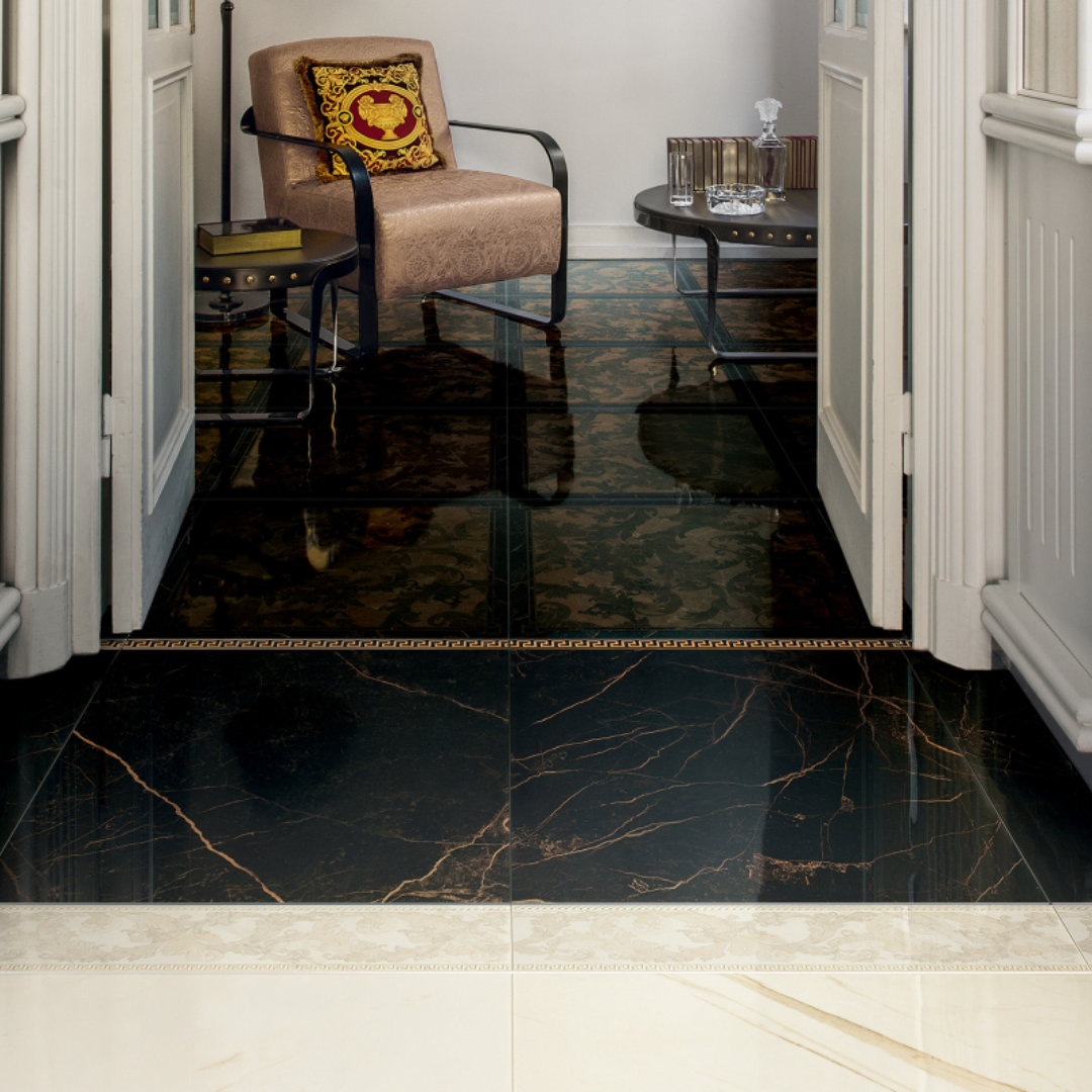 Modern polished black marble look ceramic interior tiles