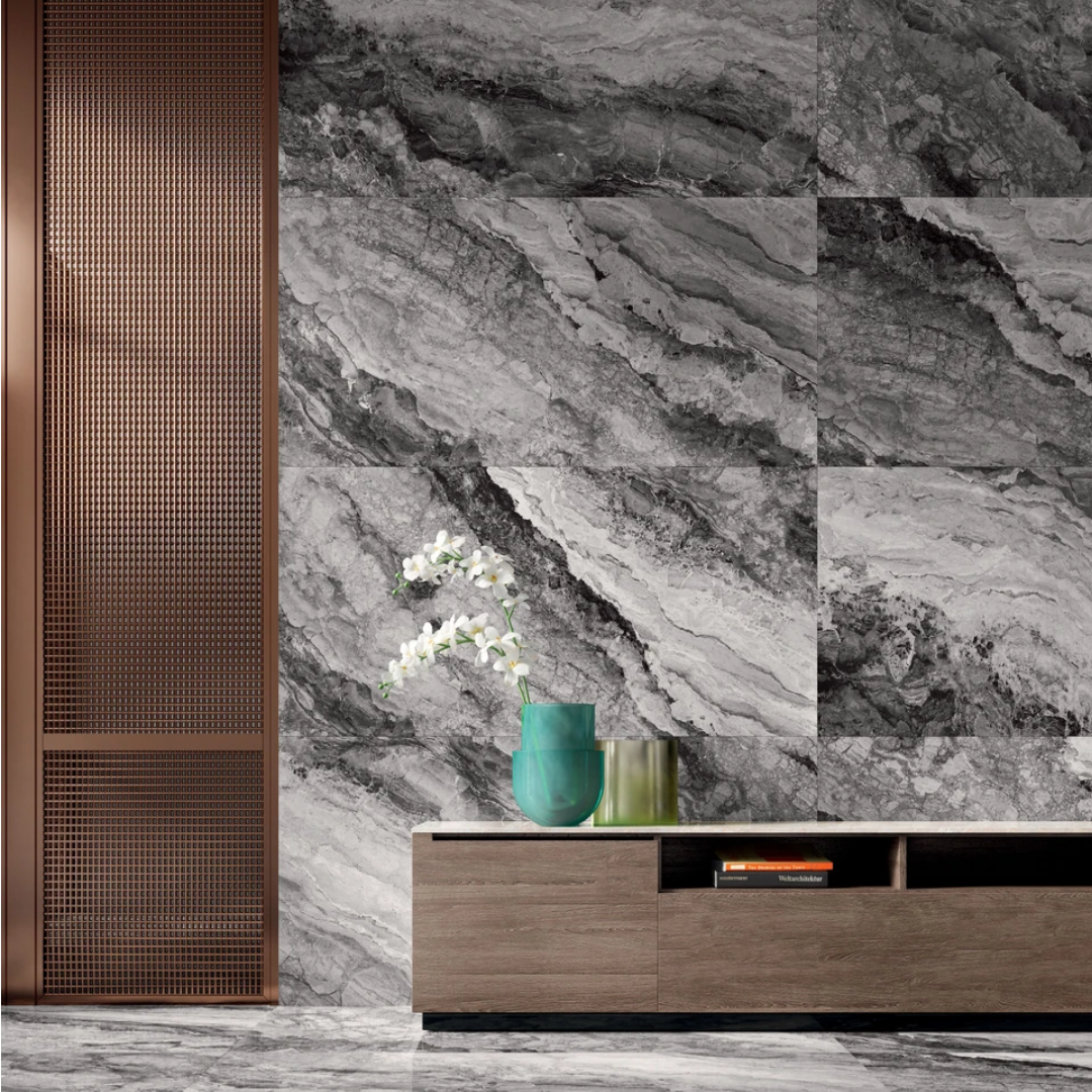 Mystic Dark luxury marble-look porcelain tile living space