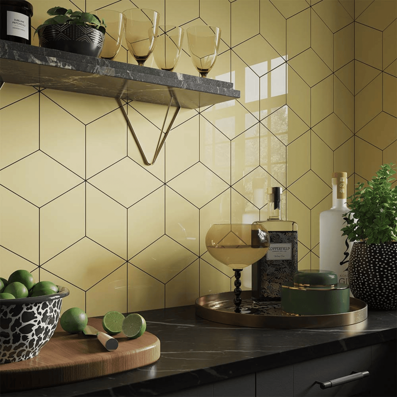 Yellow geometric kitchen wall tile