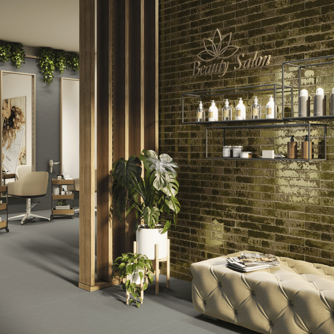 Stylish glossy ceramic green metro tiles layout