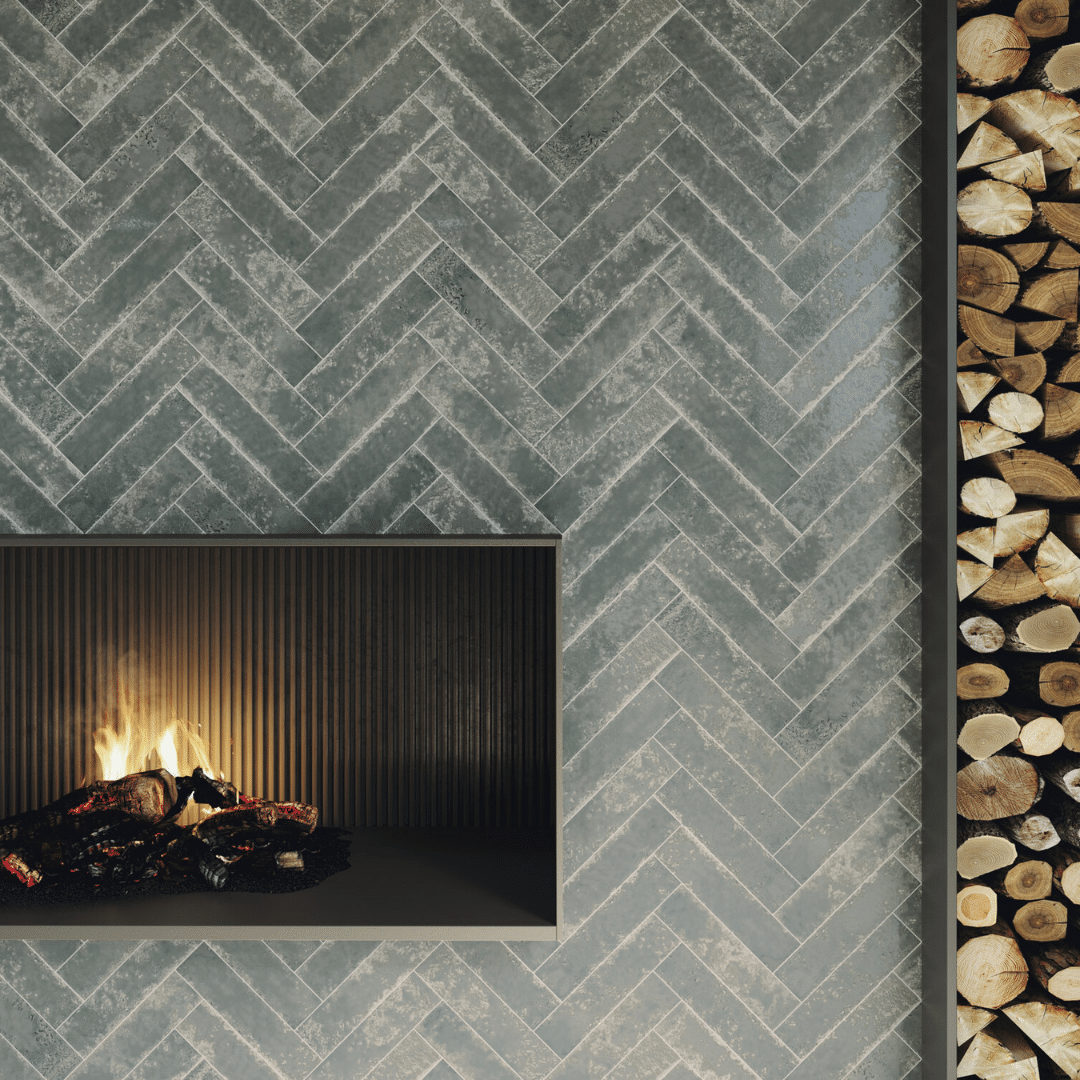 Stylish glossy ceramic metro tiles steel blue walls