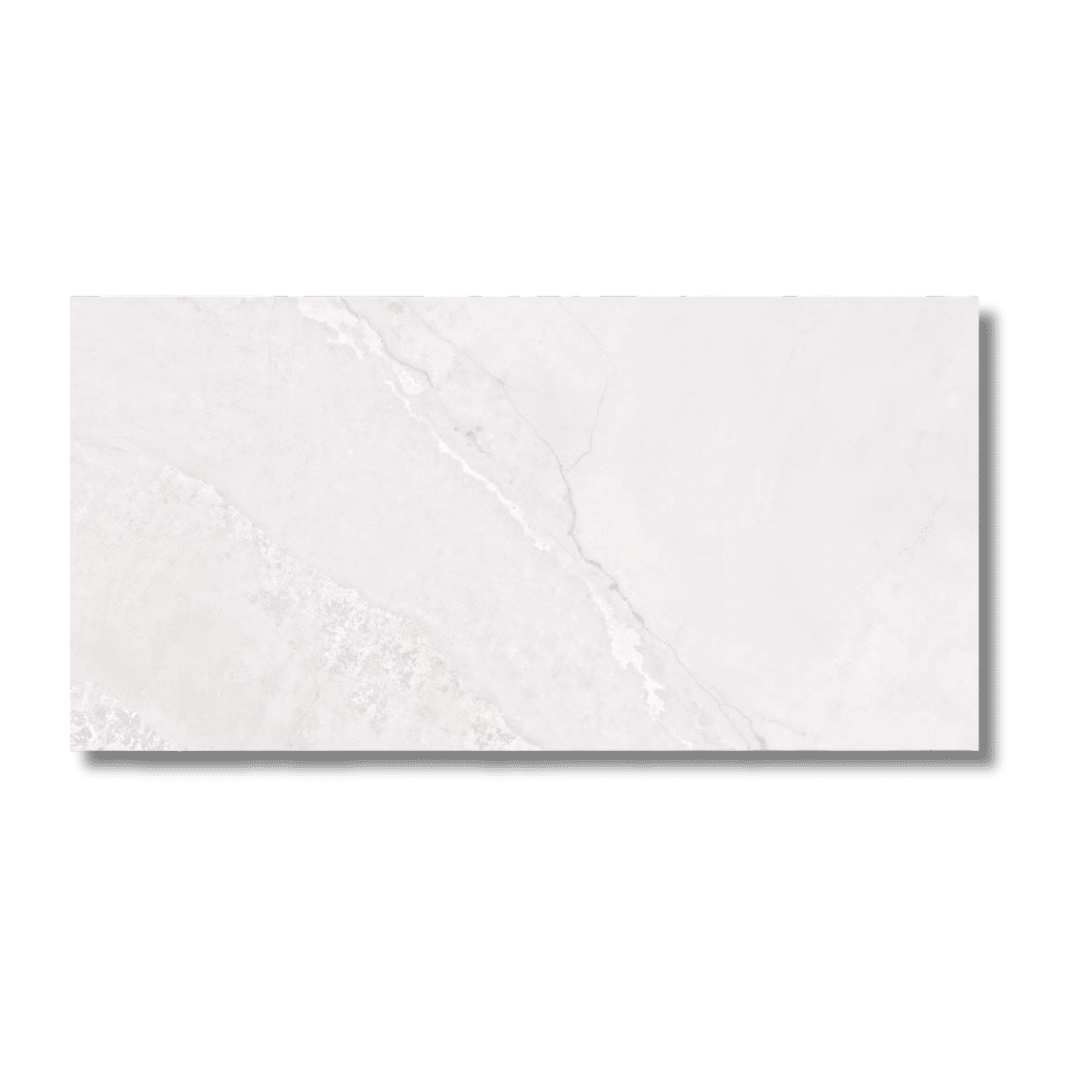 Metallic look porcelain tile in white lappato finish