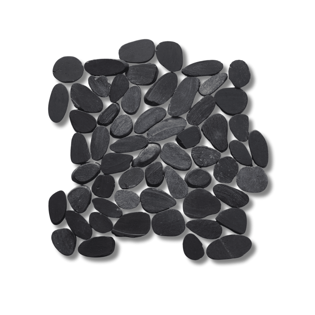 Flat cut black pebbles mosaic tile stone effect