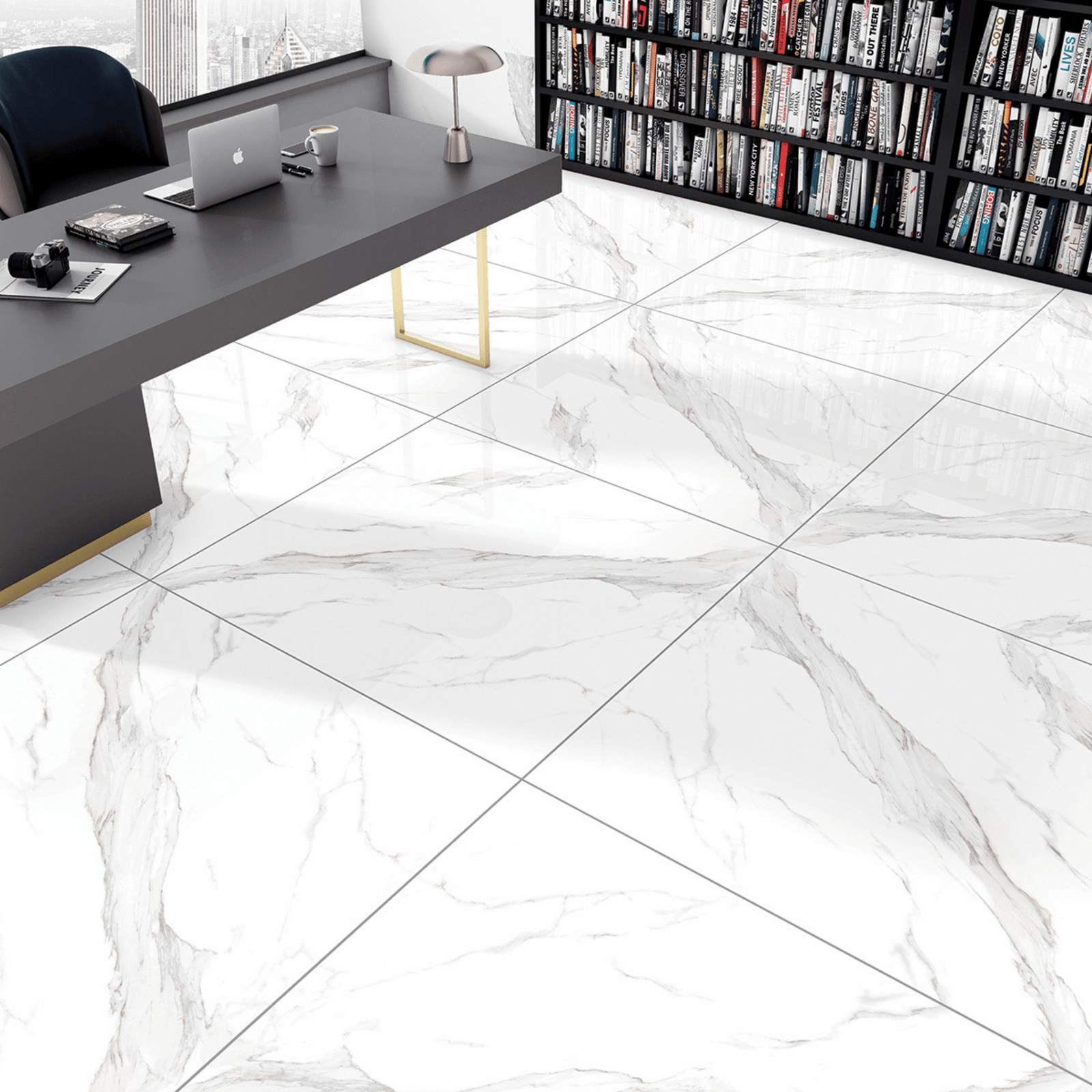 Gloss white porcelain tile Statuario Mercury
