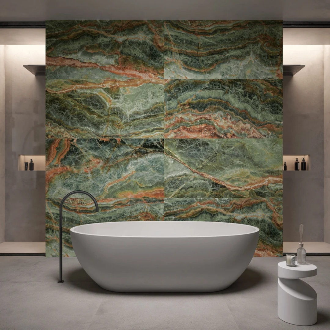 Bathroom wall and floor with green onyx effect porcelain tiles
