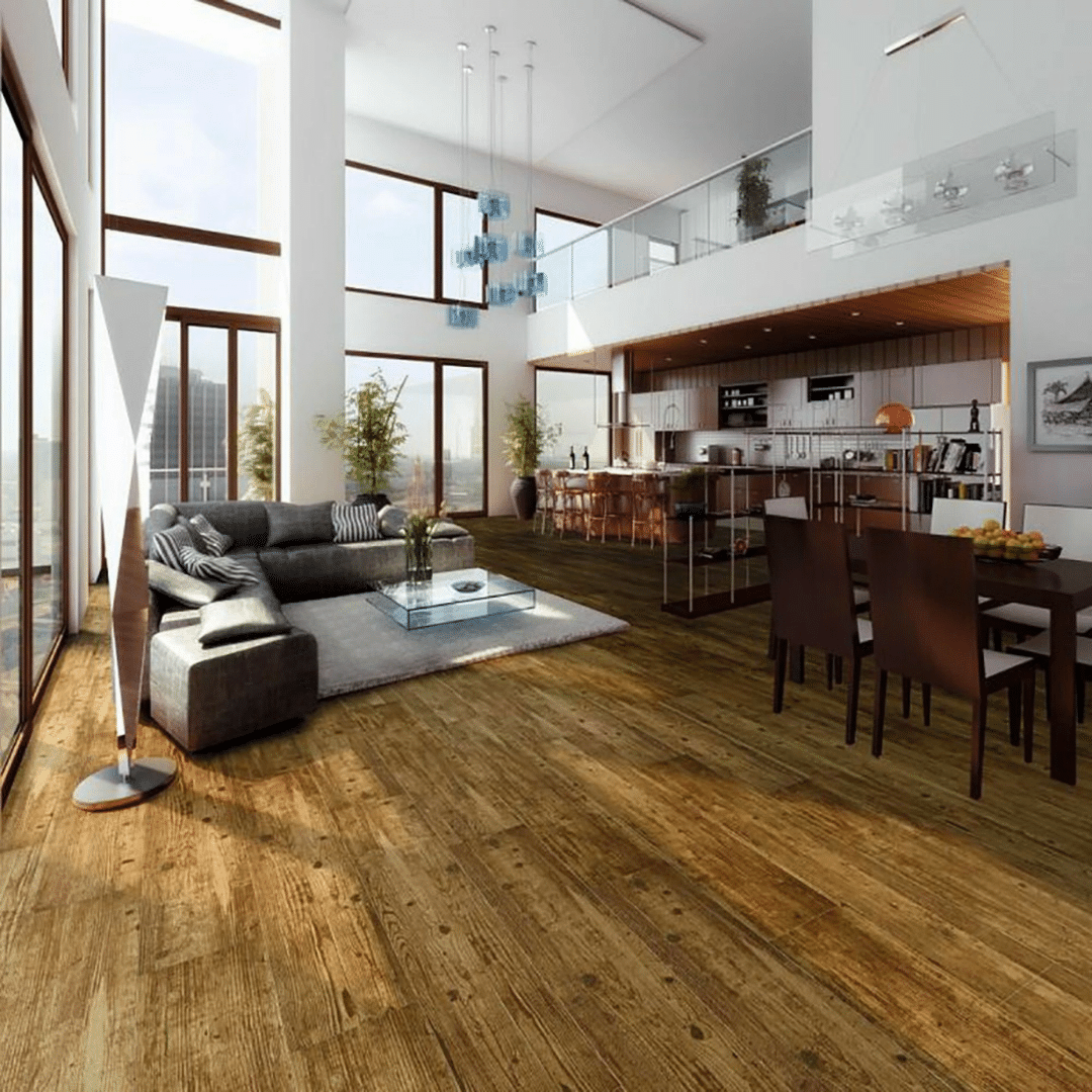 Tarima Roble porcelain tiles with realistic warm wood texture