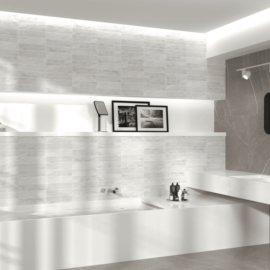 Elegant grey ceramic wall tiles with decor effect