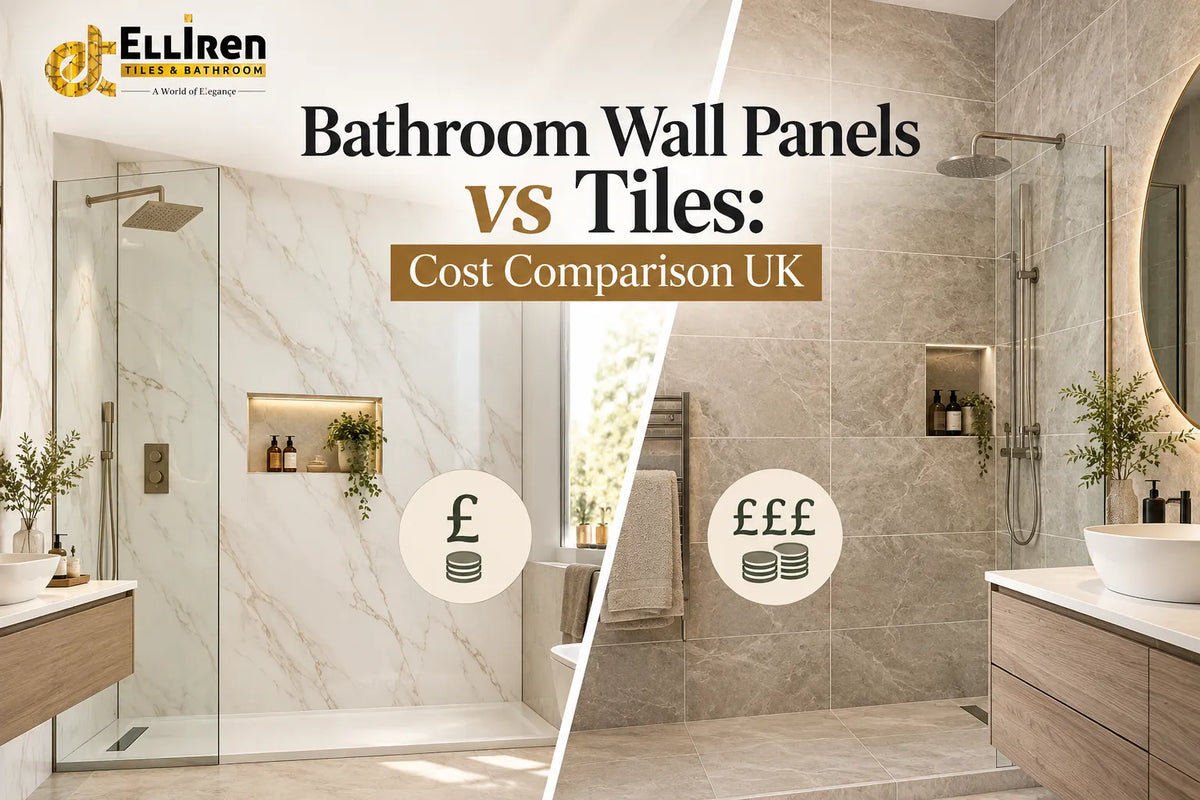 Luxury bathroom wall panels vs tiles cost comparison in the UK, featuring marble-effect wall panels, stone-effect tiles, modern shower enclosures, and Elliren Tiles & Bathroom branding.