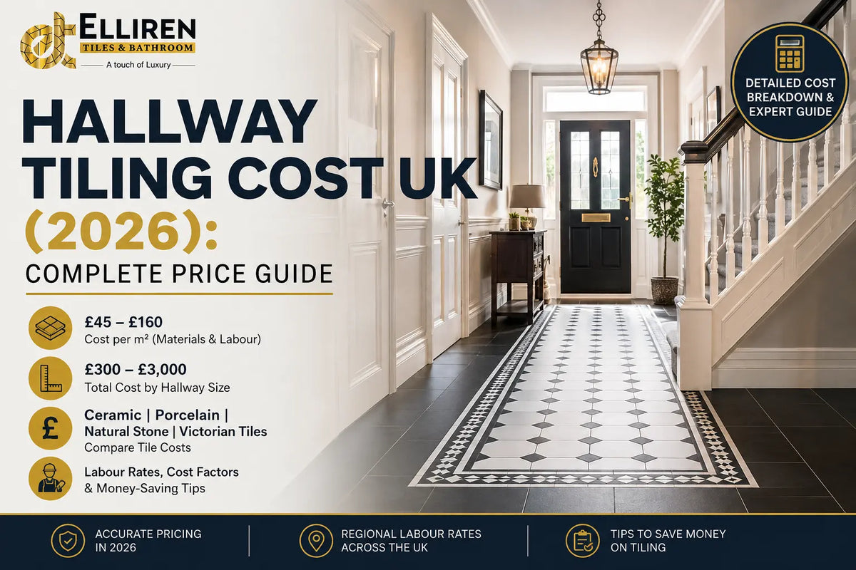 Hallway Tiling Cost UK 2026 feature image showing a modern tiled hallway with staircase, pricing guide, labour costs and Elliren Tiles & Bathroom branding.