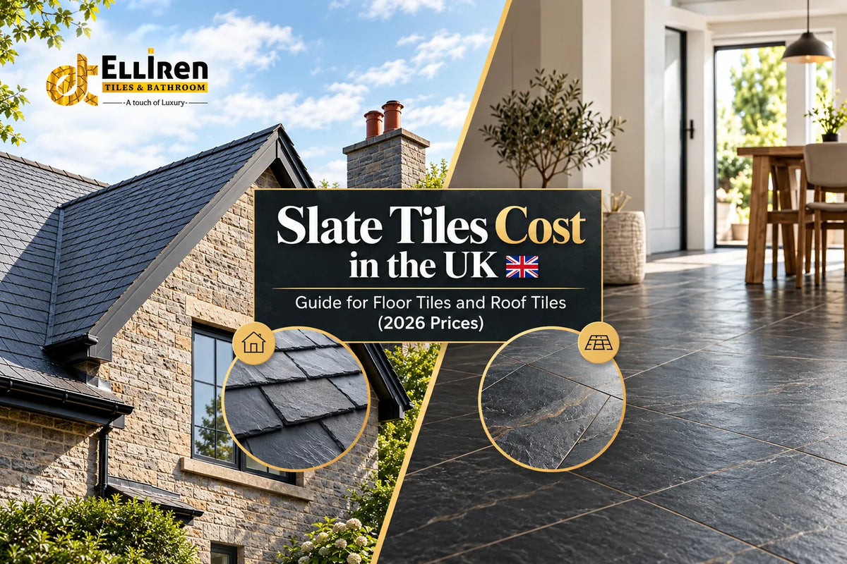 Slate tiles cost in the UK 2026 guide featuring a traditional Welsh slate roof, modern dark slate flooring, and Elliren Tiles & Bathroom branding, comparing roof and floor tile styles.