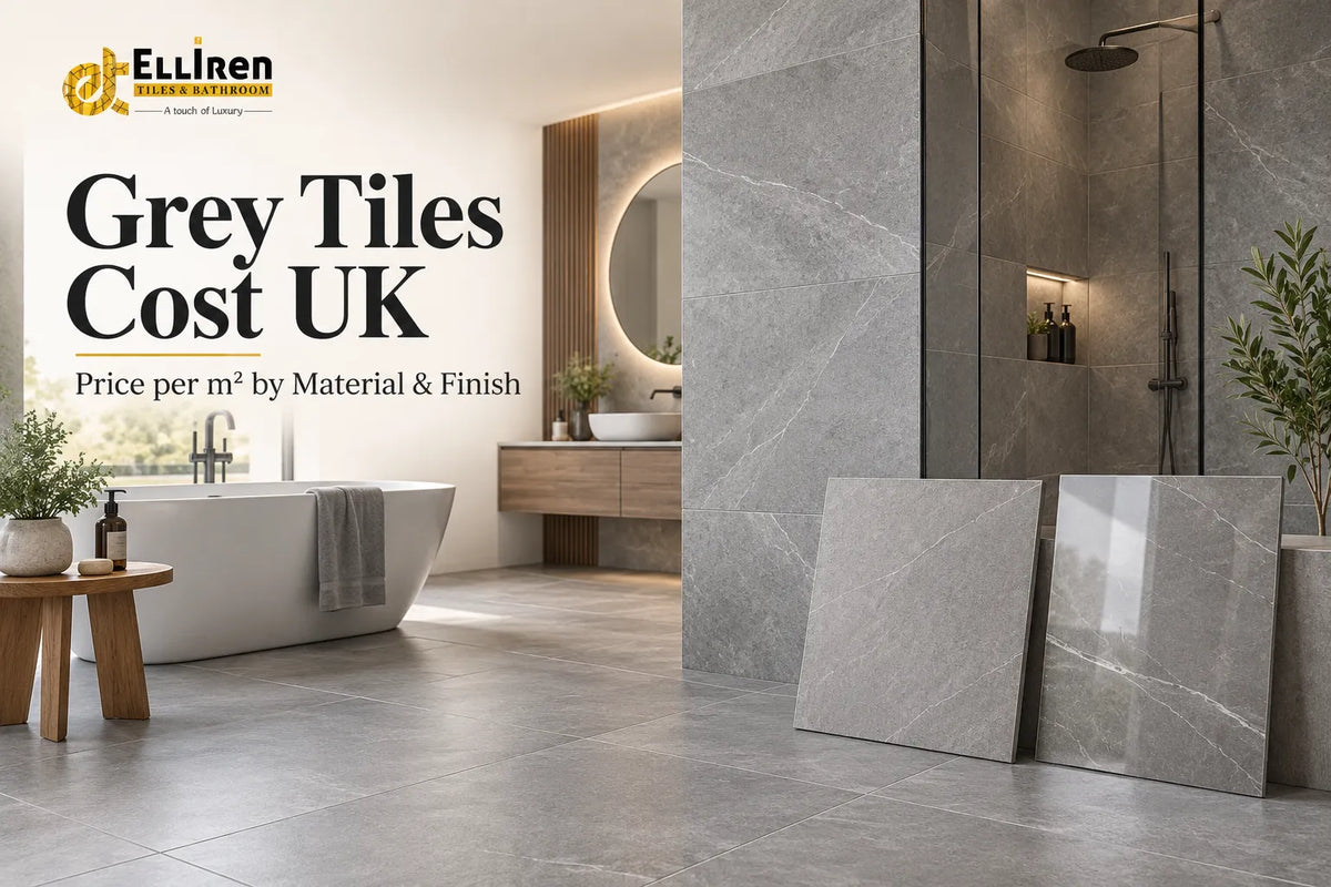 Grey tiles cost UK: Elliren Tiles & Bathroom guide to grey tile prices per m² by material and finish, featuring a luxury modern bathroom with grey stone-effect floor and wall tiles.
