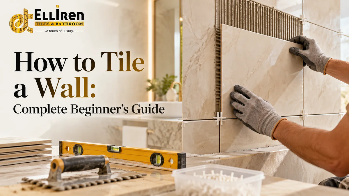 Elliren Tiles guide showing how to install beige marble effect wall tiles using adhesive, tile spacers, and a spirit level.