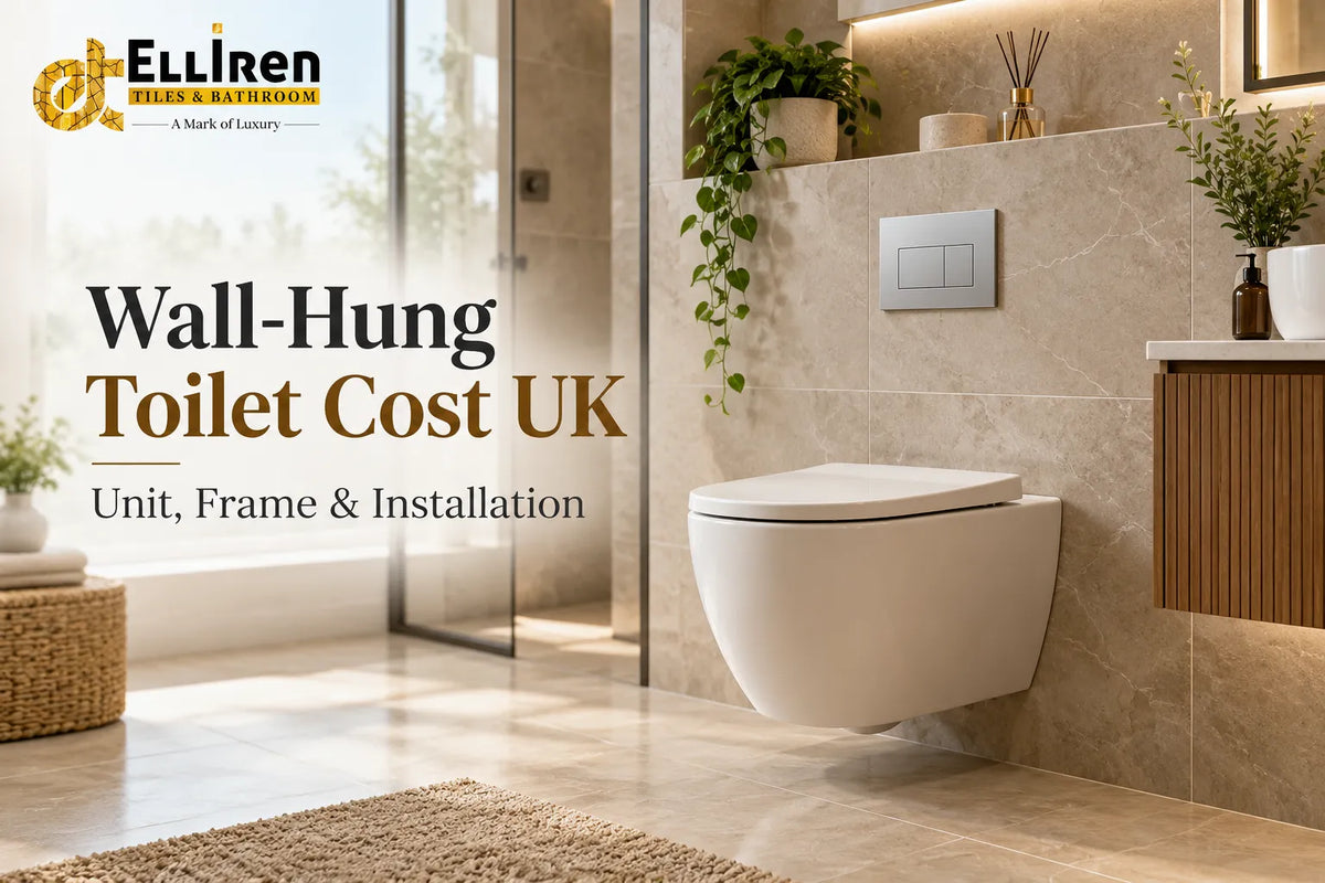 Wall-hung toilet cost UK guide featuring a luxury modern bathroom with beige porcelain tiles and Elliren Tiles branding.