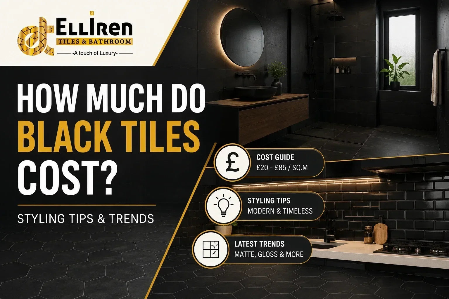 Black tiles cost guide with stylish bathroom and kitchen interiors, showing £20 to £85 per square metre pricing, styling tips and tile trends.