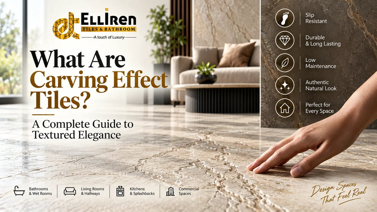 Carving effect tiles by Elliren Tiles featuring a textured marble-effect porcelain floor, showcasing tactile grooves, luxury design, durability, and slip-resistant finish.