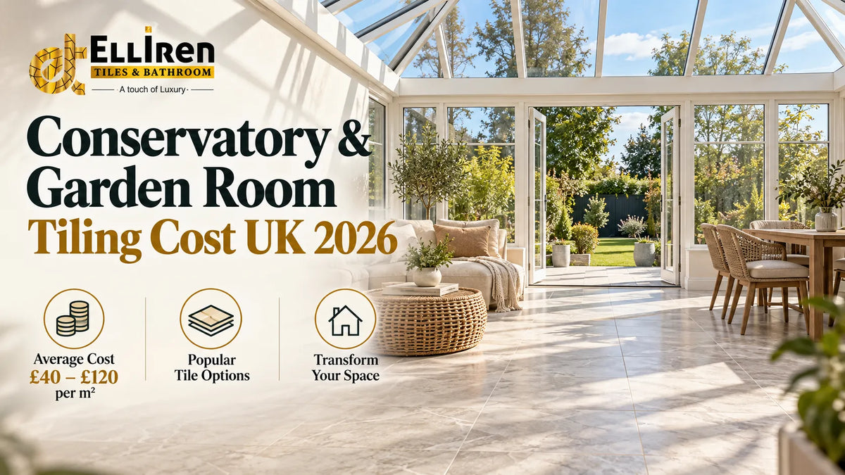 Conservatory and garden room tiling cost UK 2026 with luxury tiled flooring and garden view