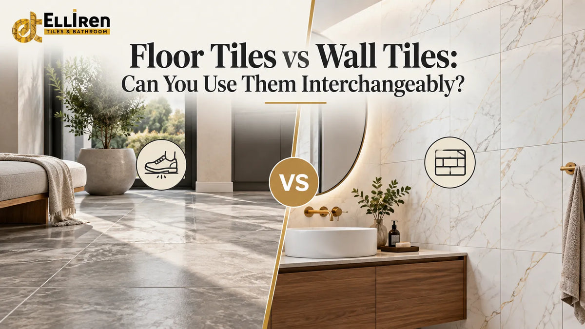 Floor tiles vs wall tiles comparison showing durable floor tiles and marble-effect wall tiles in modern interiors.