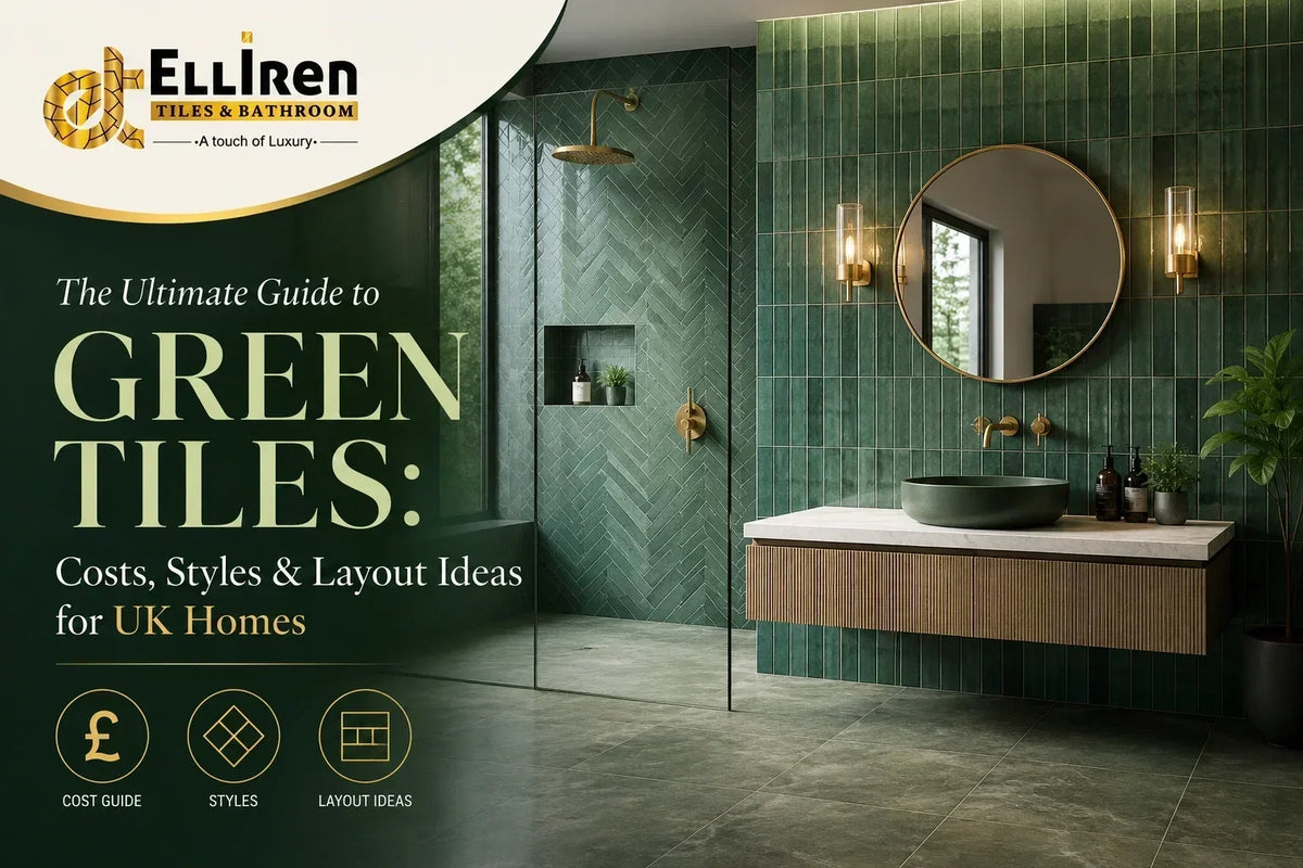 Green tiles in a luxury bathroom showcasing tile styles, costs and layout ideas for UK homes
