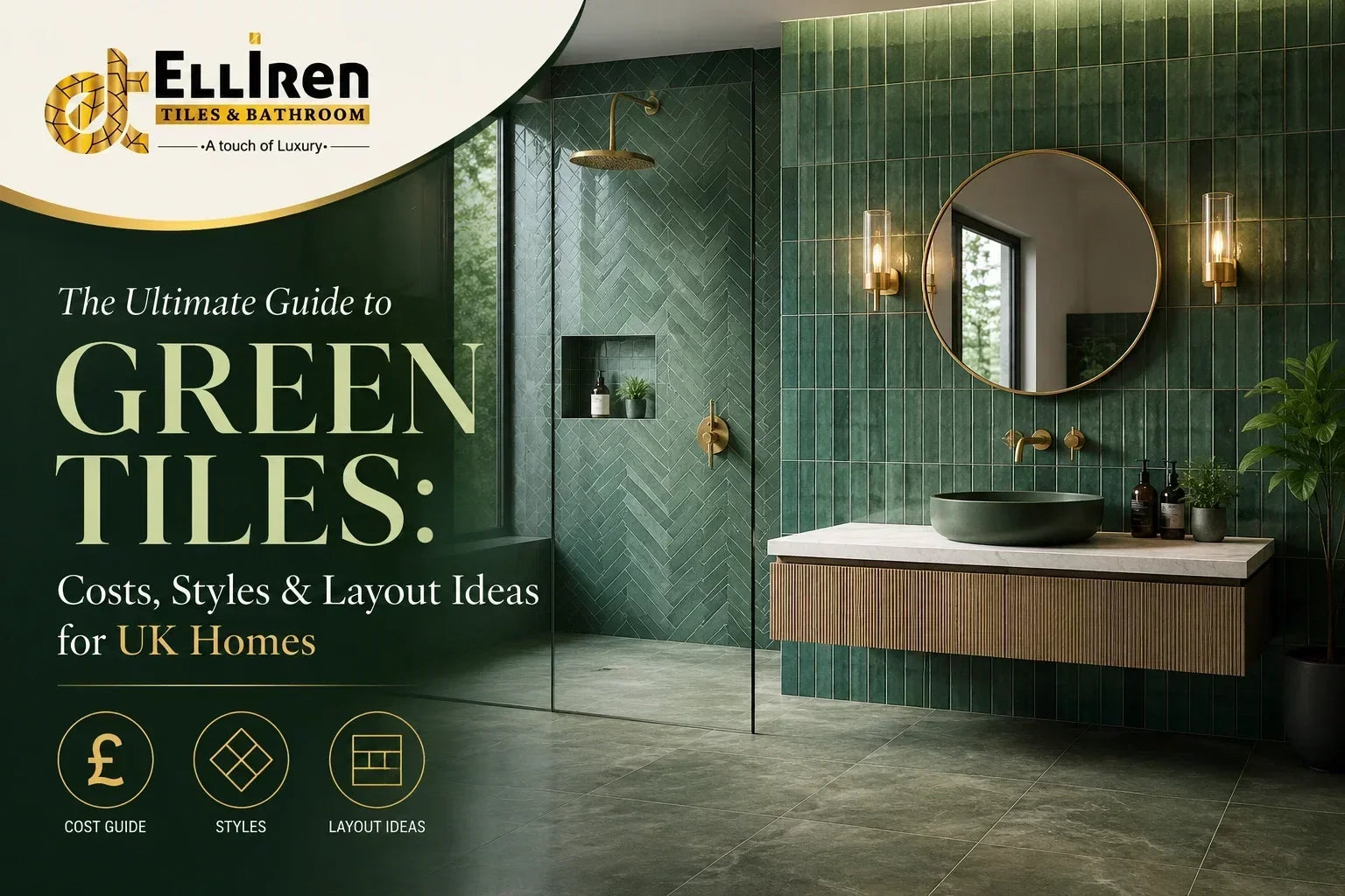 Green tiles in a luxury bathroom showcasing tile styles, costs and layout ideas for UK homes