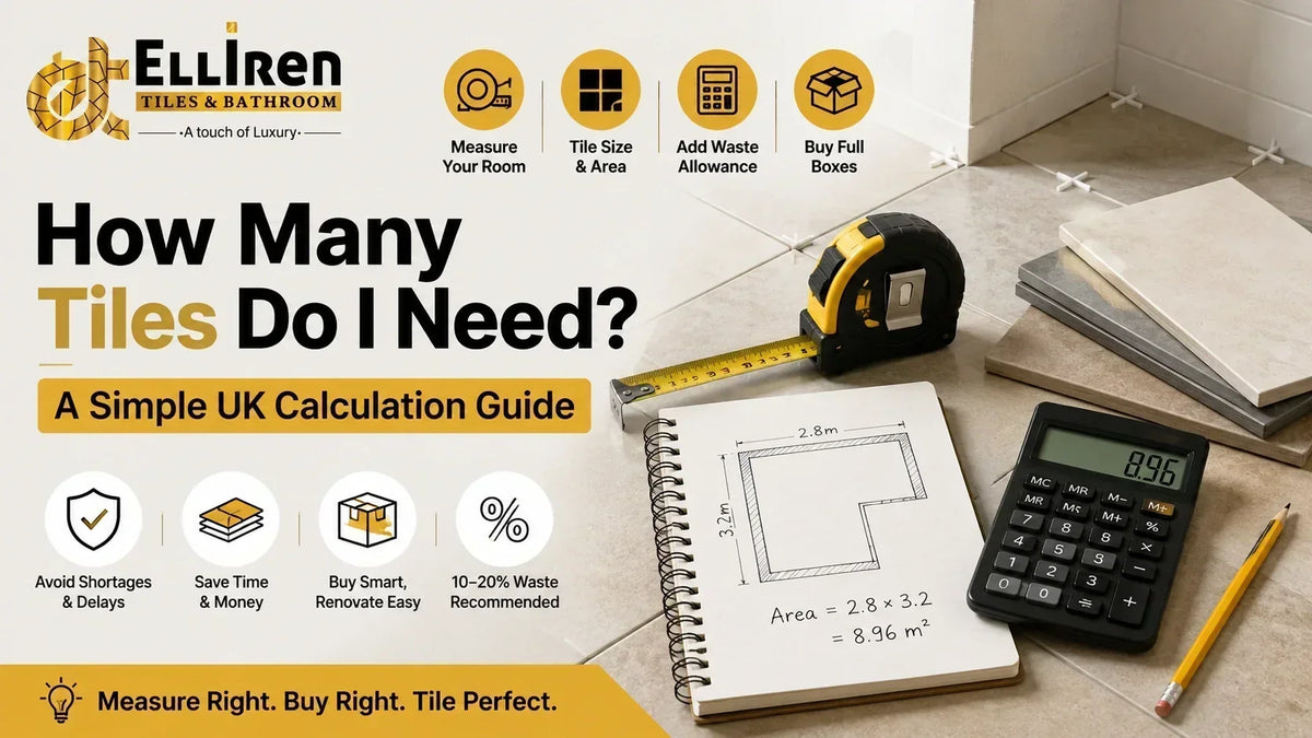 How many tiles do I need UK calculation guide showing tile measurements, area calculation, waste allowance and full box quantities