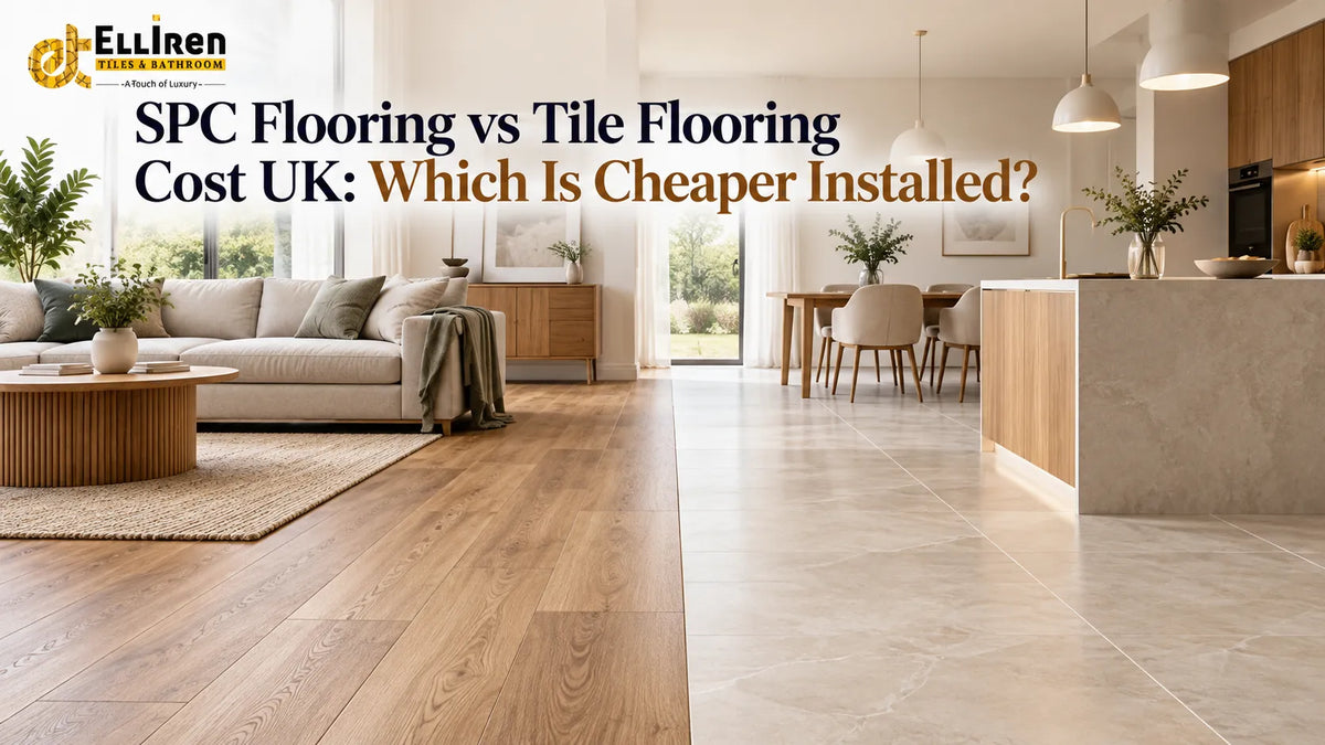 SPC flooring vs tile flooring cost in the UK, comparing wood-effect flooring and marble-effect tiles in a modern living room and kitchen by Elliren Tiles
