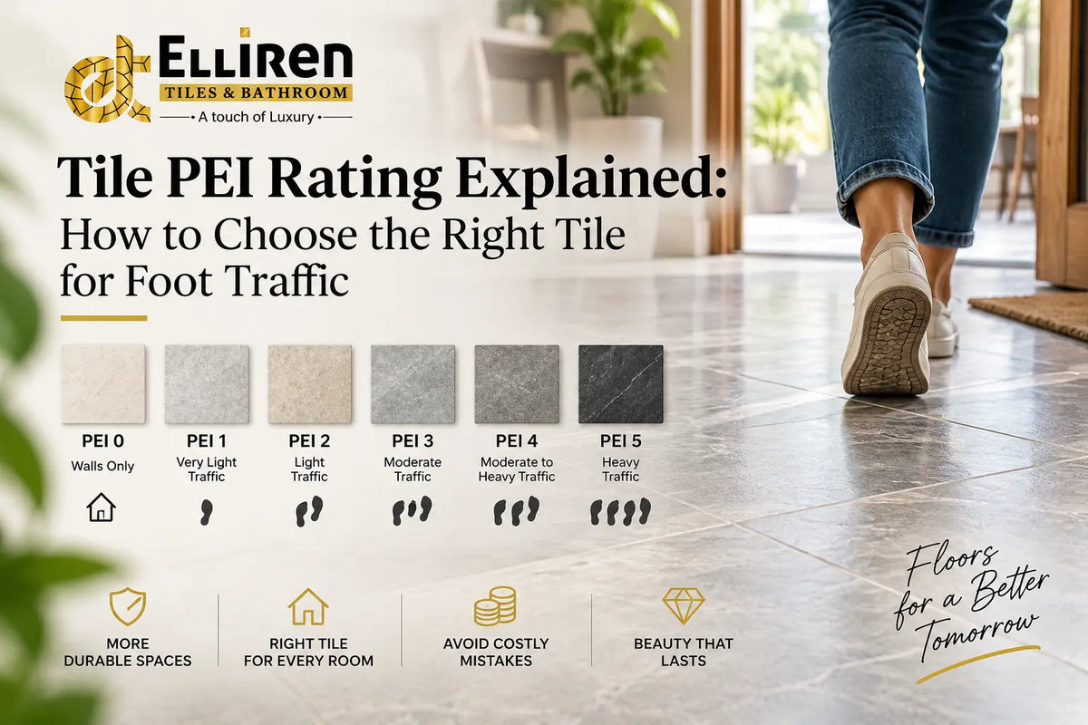 Tile PEI rating explained, showing PEI 0 to PEI 5 tile durability levels for different foot traffic areas