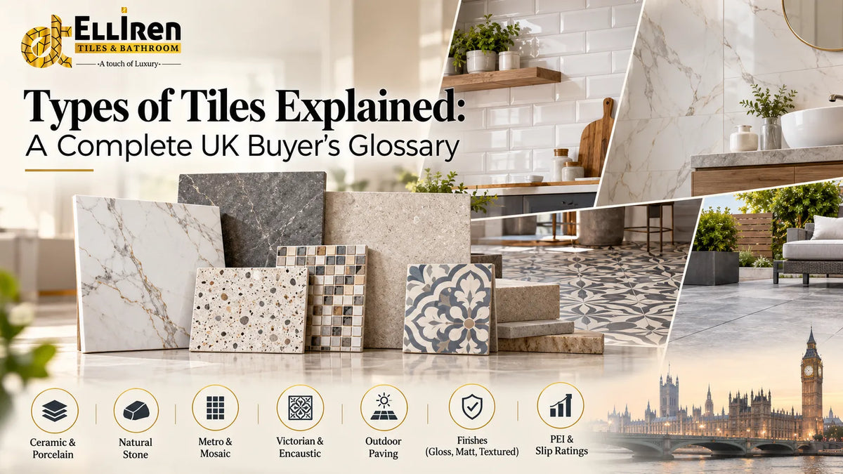 Types of tiles explained for UK buyers, including ceramic, porcelain, natural stone, metro, mosaic, Victorian, outdoor and patterned tiles