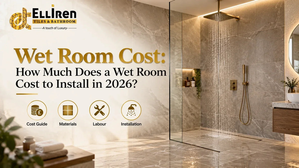 Wet room cost guide showing luxury walk-in shower, marble effect tiles, installation materials and labour costs for 2026