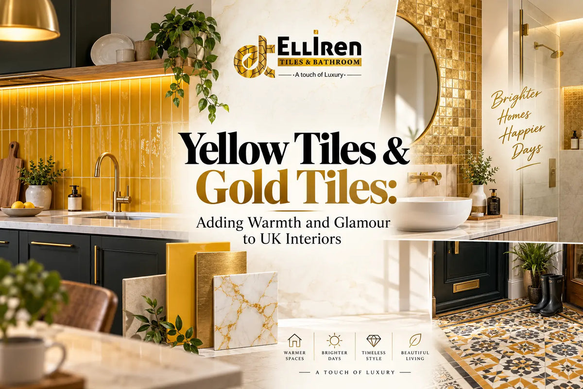 Yellow and gold tiles adding warmth and luxury to modern UK kitchen and bathroom interiors by Elliren Tiles.
