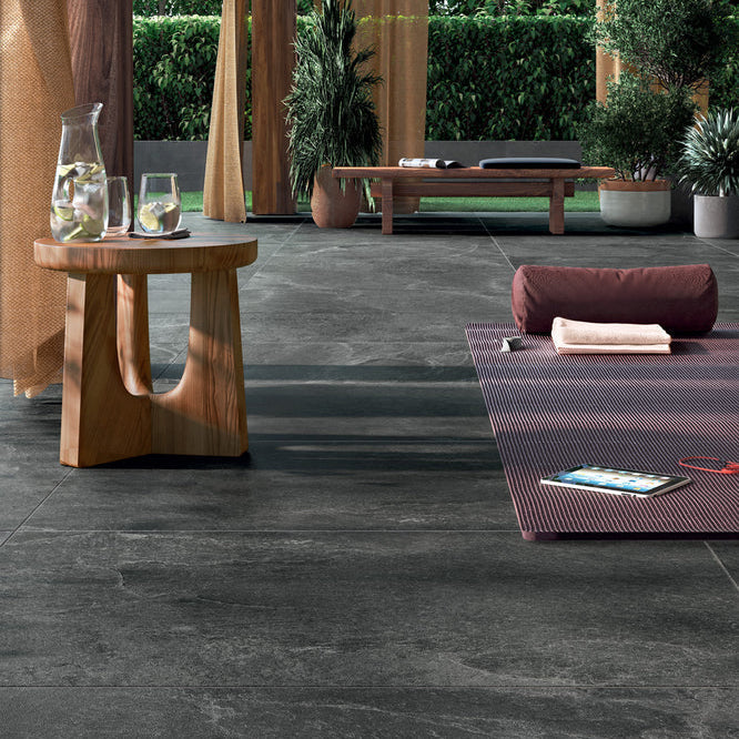 Geos Reef black slate effect tiles on outdoor porch
