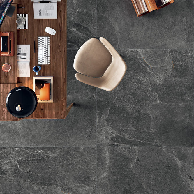 Geos Reef black slate effect floor tiles in home office