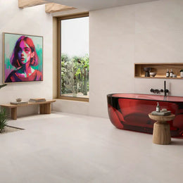 Polished beige floor tiles installed in a modern open-plan living room