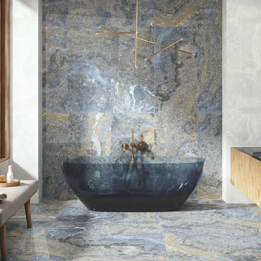 Large format blue stone-effect tile 60x120cm
