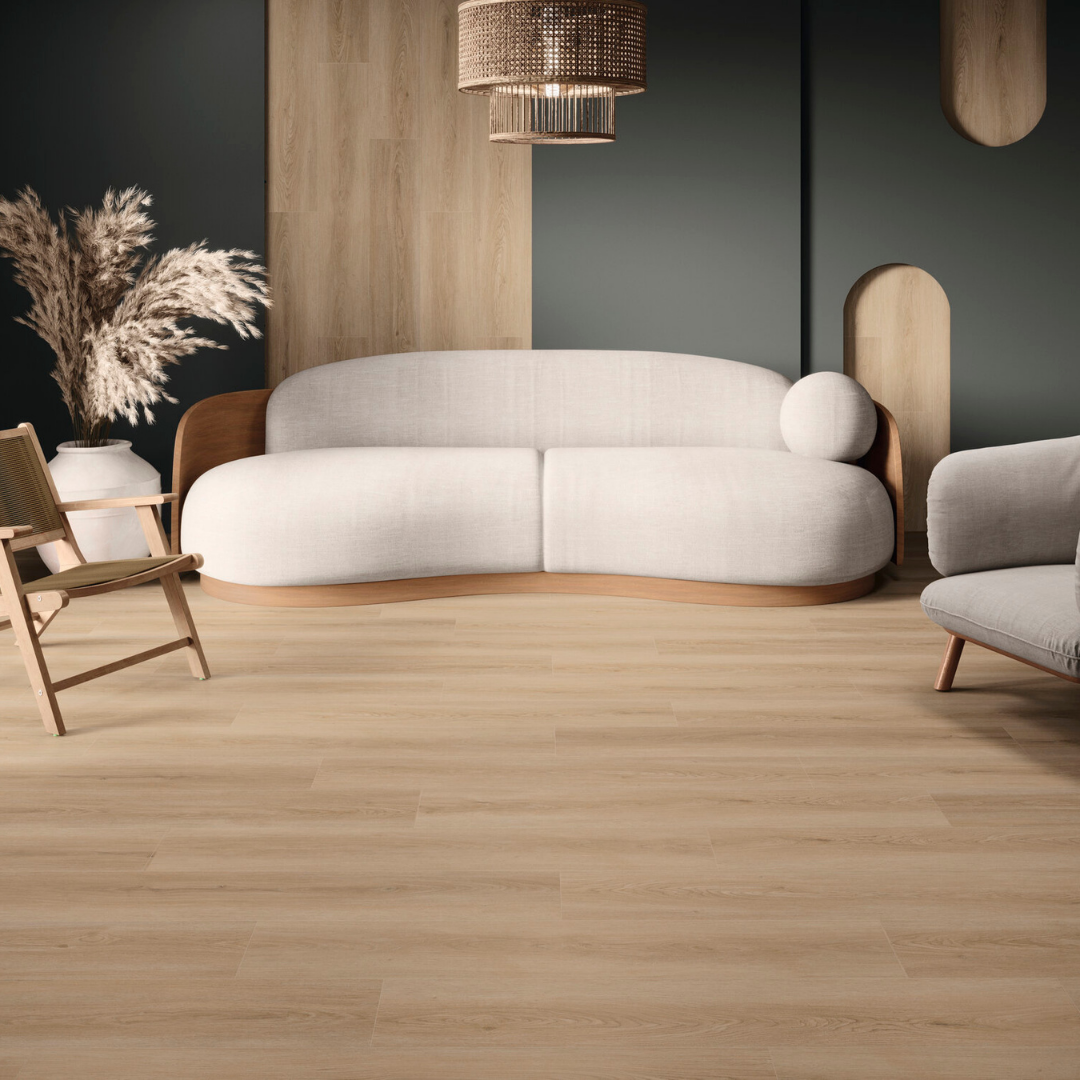 Modern interior wall and floor with brown wood SPC tiles