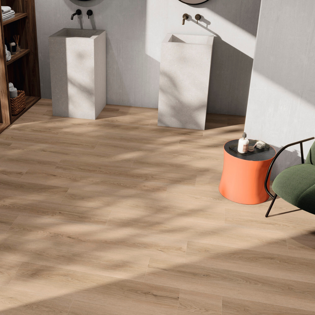 Brown SPC wood effect tiles used on wall and floor interiors