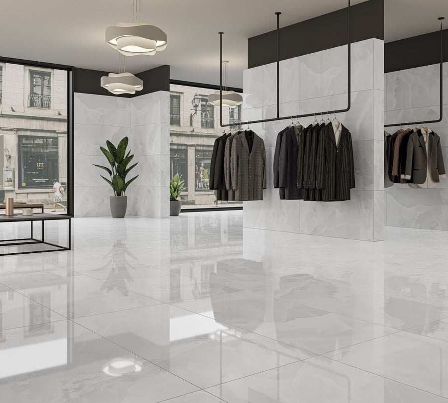 High-gloss white porcelain tile close-up