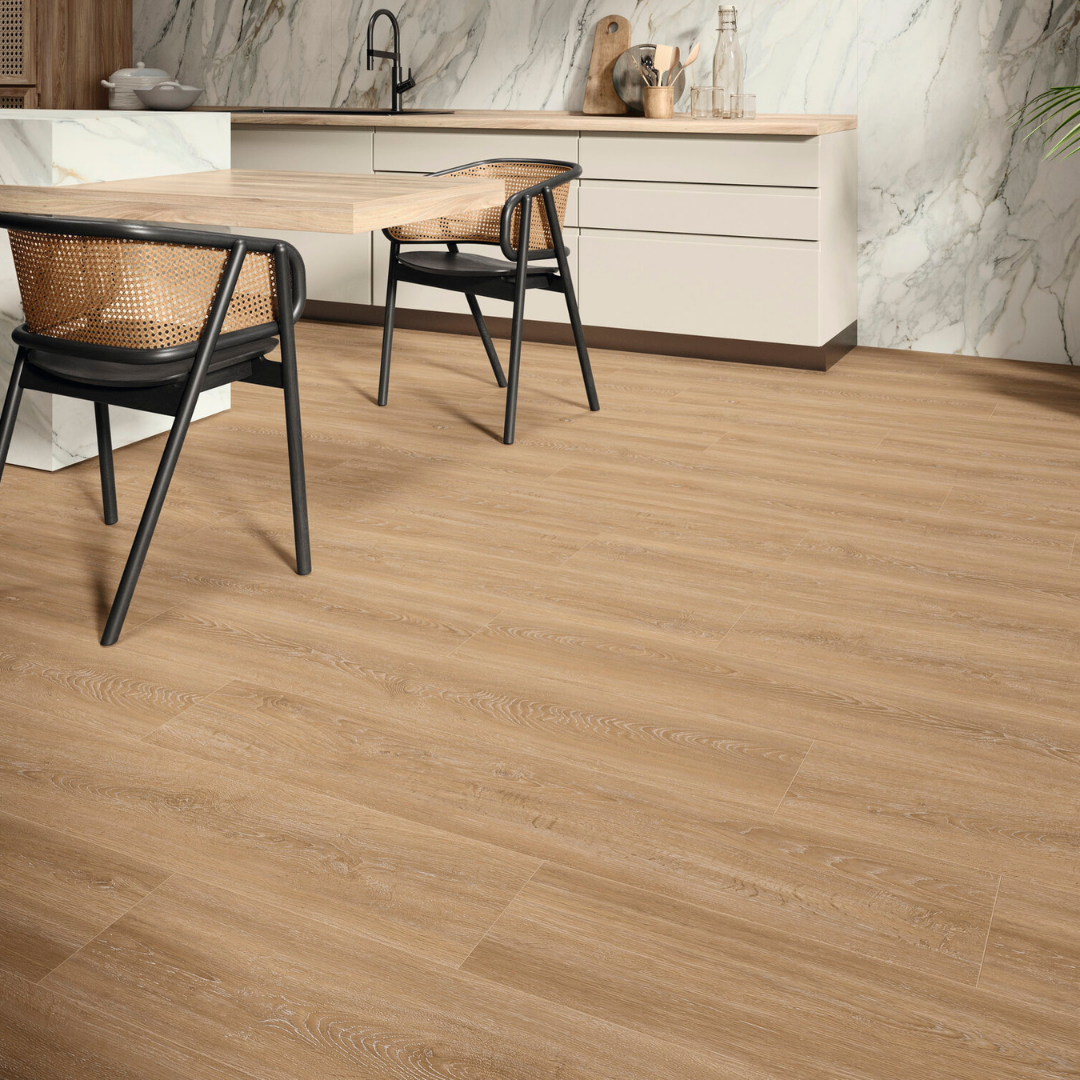 Brown SPC wood look tiles for wall and floor interiors