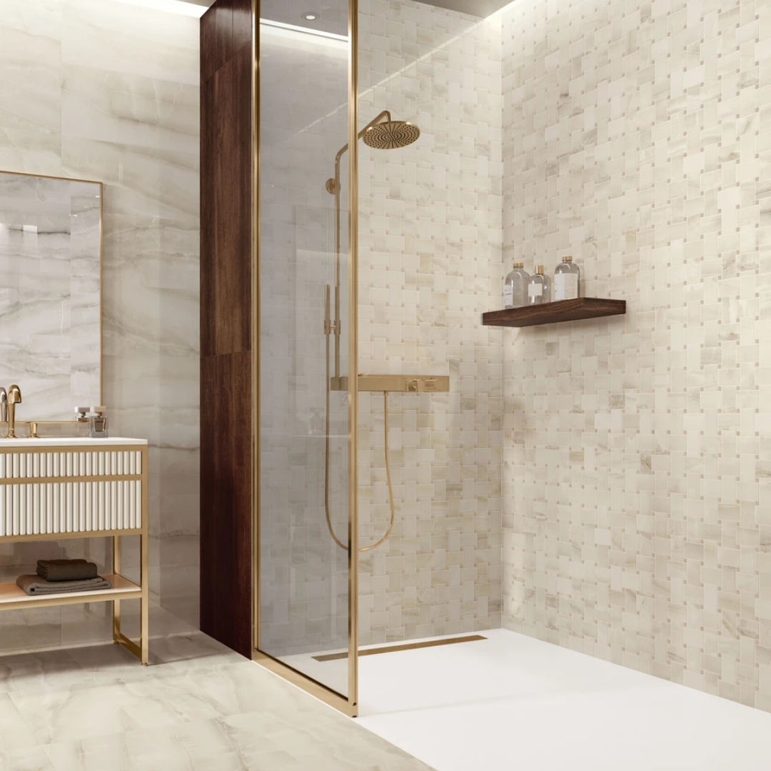 Bathroom wall and floor with ivory marble effect tiles