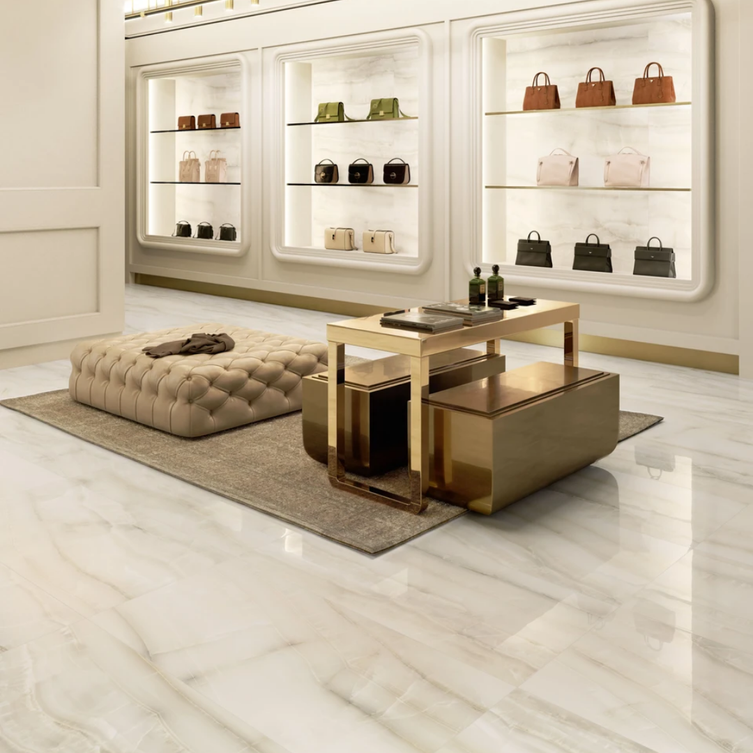 Elegant ivory marble effect porcelain tiles for interiors