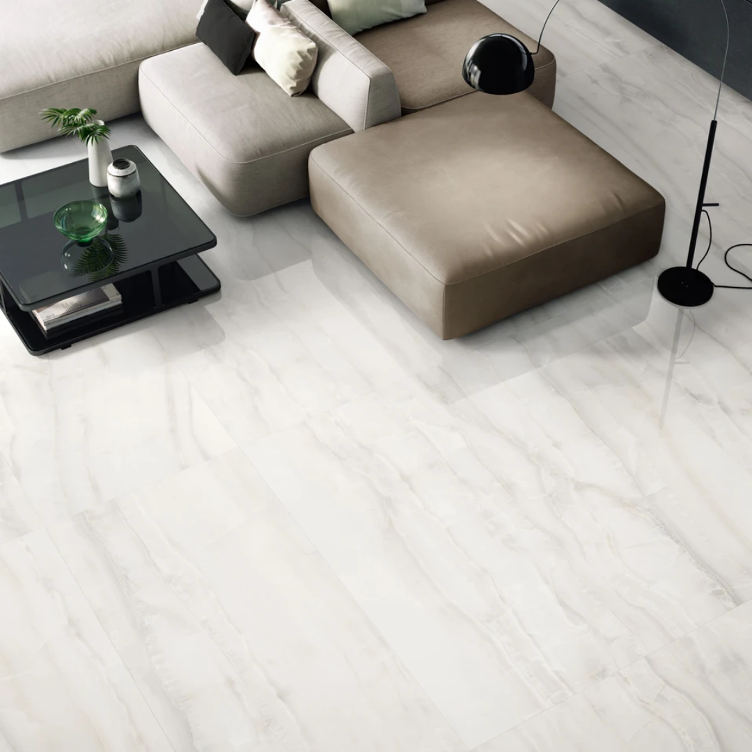 Hallway wall and floor with white marble look porcelain tiles