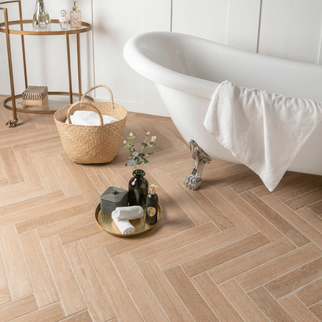 Porcelain wood effect tiles in soft brown shade
