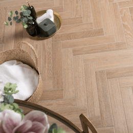 Brown porcelain tiles featuring warm wood effect design