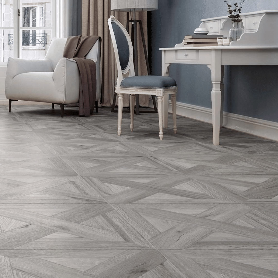 Grey porcelain parquet tile for hallway floors